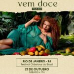 Vanessa da Mata Instagram - 🥭 Vem Doce, Rio! Dia 21 de outubro, sábado, estaremos de volta ao Rio de Janeiro com a turnê VEM DOCE. Vanessa da Mata se apresenta no festival @classicosdobrasil que aconcerá na Marina da Glória. 🎶 Que músicas não podem faltar neste show? 🎫 Ingressos à venda no site @ingresse (link na bio) #VanessadaMata #VemDoce #VemDoceoShow #TurnêVemDoce