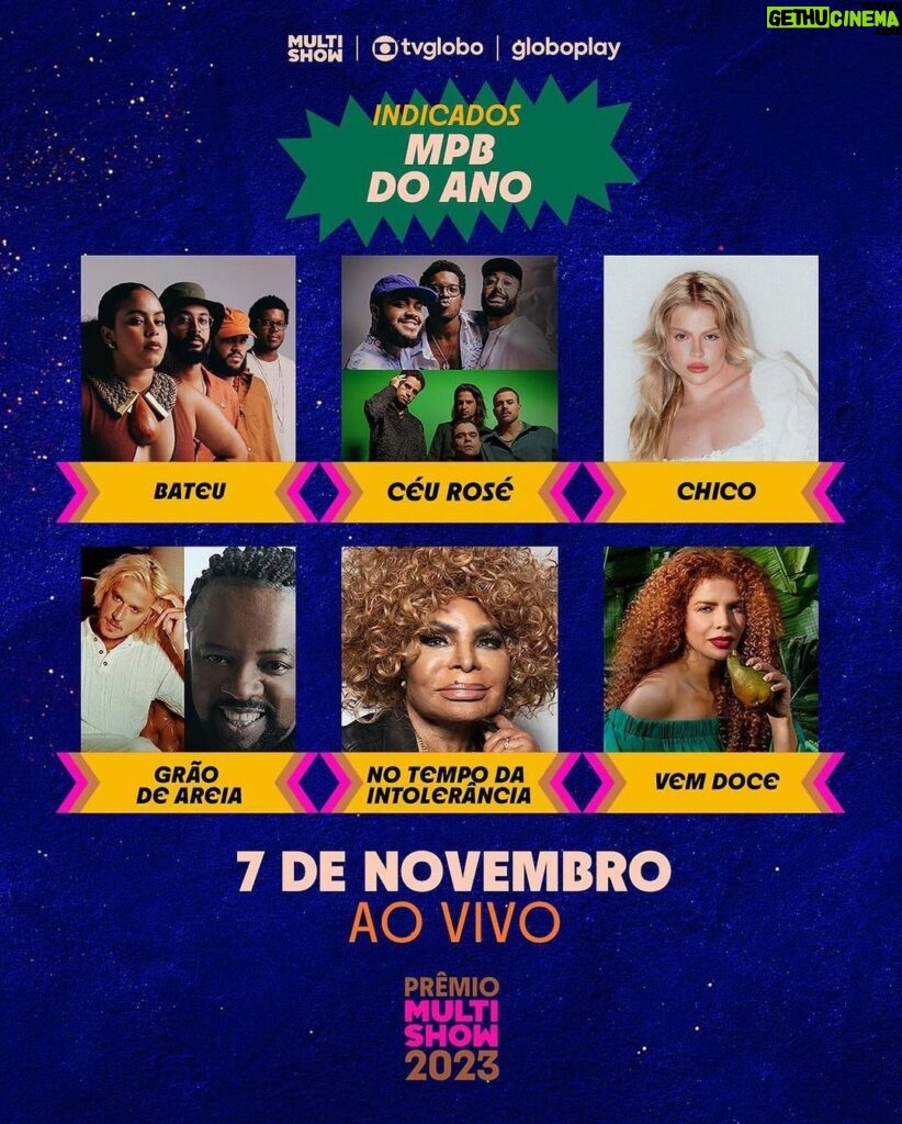 Vanessa da Mata Instagram - 🥭 Passarinhos em festa!! A música VEM DOCE recebeu indicação ao Prêmio Multishow 2023 na categoria MPB do Ano. A canção “Vem Doce” é composição minha com @papatinho. Aguenta coração! 😍 #Repost @multishow Salve a música popular brasileira! 🎵 Confira os indicados na categoria MPB do Ano no #PrêmioMultishow 2023: ✨ @gilsonsoficial, @rachelreisc e @omulu – Bateu ✨ @gilsonsoficial e @lagumoficial - Céu Rosé ✨ @luisasonza – Chico ✨ @rubelrubelrubel e @xandedepilares - Grão de Areia ✨ Elza Soares – No Tempo da Intolerância ✨ @vanessadamata – Vem Doce Nesta edição, “MPB do Ano” e outras categorias terão seus vencedores decididos pela Academia do Prêmio Multishow, um grupo diverso, formado por especialistas da música 🤩 Você confere os vencedores no dia 7 de novembro, ao vivo. Prepare sua torcida! 🗣️ Para decidir os vencedores das categorias com voto popular, entre em gshow.globo.com/multishow 😉 #VanessadaMata #VemDoce #premiomultishow #premiomultishow2023 #multishow