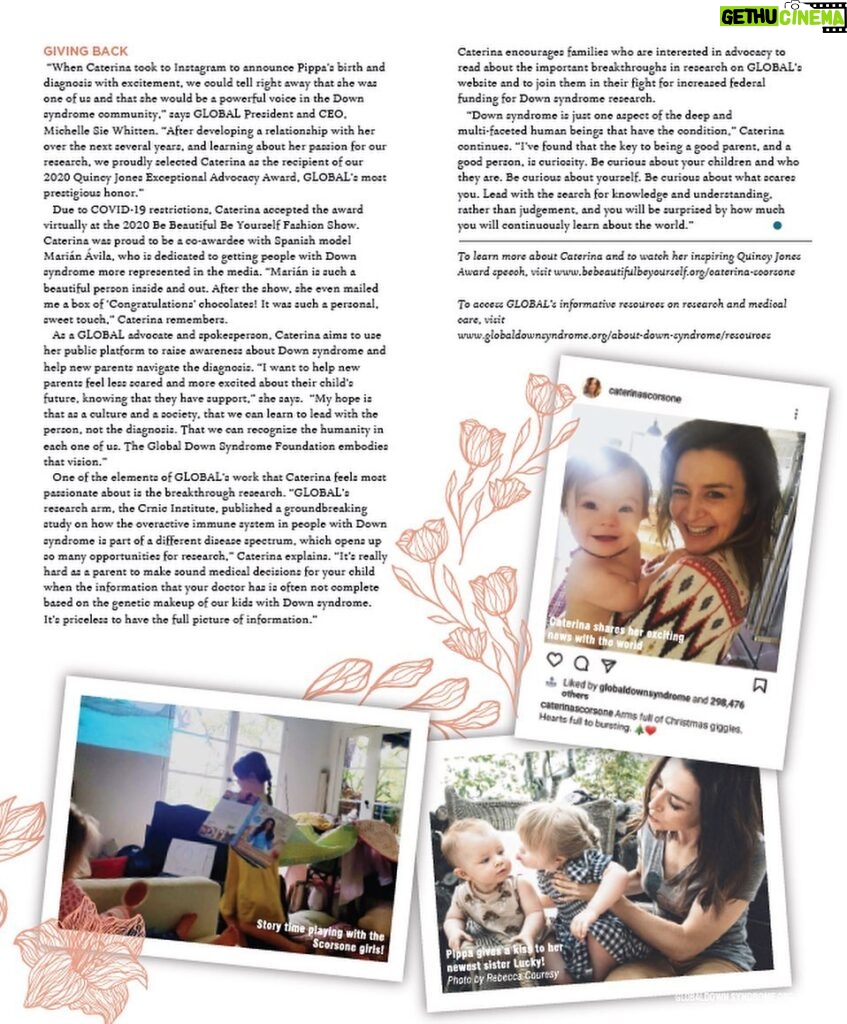 Caterina Scorsone Instagram - Hello, lovies! Last year I was honored to be awarded the GLOBAL Quincy Jones Advocacy Award. This year a beautiful feature on our family has been written for GLOBAL Down syndrome World Magazine. The work and research Global does directly impacts my daughter, Pippa, and families like mine. You can help support people with Down syndrome everywhere by making a donation to @globaldownsyndrome or signing up for their magazine. Link to the story in my Bio. #downsyndromeworld #downsyndromeworldmag #downsyndromeawareness #t21 #disibilityawareness #accessibility #diversityandinclusion #love 💛💙 @rebeccacoursey_photosandfilm