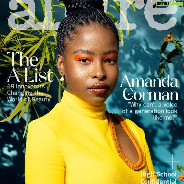 Amanda Gorman Instagram - Presenting Allure’s March cover star, @amandascgorman! In January 2021, the best-selling author and youngest inaugural poet in history captivated the entire nation with her oration on the Capitol steps. But her story neither starts nor ends there. Our editor in chief, @jcruel talked to Gorman about challenging the standard curriculum to include more Black stories, tapping into cultural movements for inspiration, and how she’s reimagining the world one word at a time. Read more at the #linkinbio.

Photographer: Djeneba Aduayom		@djeneba.aduayom
Stylist: Shibon Kennedy		@shibonleigh
Hair: LaRae Burress		@itsraela
Makeup: Joanna Simkin		@joannasimkin
Manicure: Yoko Sakakura		@nails_by_yoko
Set Design: Evan Jourden		@evan_jourden
Production: Viewfinders		@viewfindersnyla