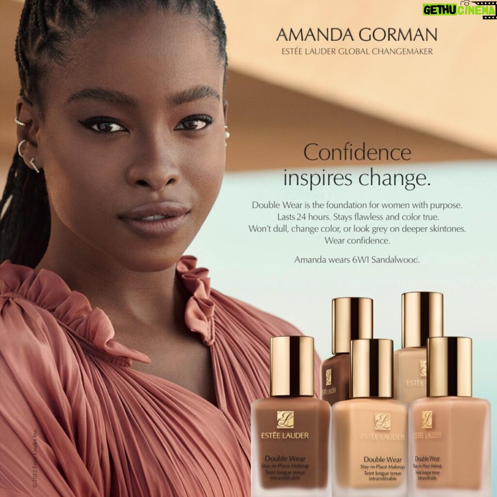 Amanda Gorman Instagram - I am so proud to share my first @esteelauder campaign for the iconic #DoubleWear!
I remember my mom and I both using this product for the first time and looking at each other with our eyes lighting up, feeling like we finally arrived at a product that worked so well. It was important for me to work with a female-founded company run by a majority female workforce, all while working together on a $3M initiative for women’s literacy globally. I’m so excited to see what else we can accomplish together!
#EsteeChangemakerAmbassador