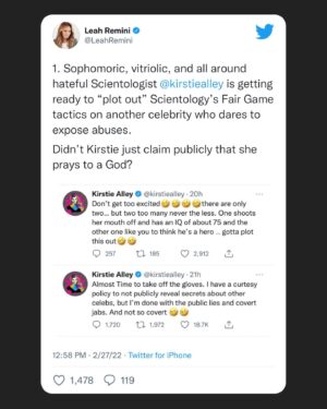 Leah Remini Instagram - I don’t like to make a habit of engaging with people like @kirstiealley…but Scientology banks on its horrific, criminal policies not being called out. Scientology thrives when people are silent. I won’t allow their threats to me or anyone else go un-answered.