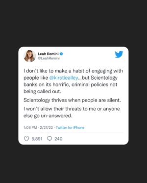 Leah Remini Instagram - I don’t like to make a habit of engaging with people like @kirstiealley…but Scientology banks on its horrific, criminal policies not being called out. Scientology thrives when people are silent. I won’t allow their threats to me or anyone else go un-answered.