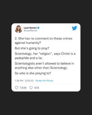 Leah Remini Instagram - I don’t like to make a habit of engaging with people like @kirstiealley…but Scientology banks on its horrific, criminal policies not being called out. Scientology thrives when people are silent. I won’t allow their threats to me or anyone else go un-answered.