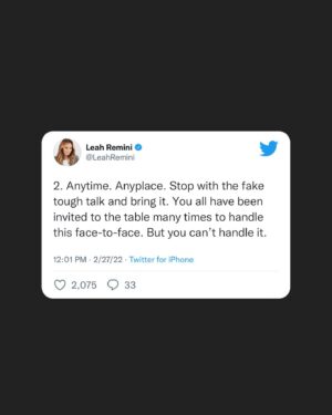 Leah Remini Instagram - I don’t like to make a habit of engaging with people like @kirstiealley…but Scientology banks on its horrific, criminal policies not being called out. Scientology thrives when people are silent. I won’t allow their threats to me or anyone else go un-answered.