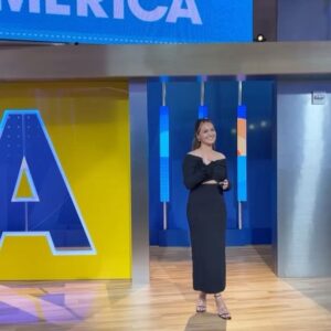 Camilla Luddington Instagram - Good Morning America this morning! Talking all things grey’s and Jo Wilson 🤗 Happy 400th! Happy finale! #greysanatomy 

Makeup @robertsesnek 
Hair @seijinyc 
Stylist @nataliehoseltonstyle 

Dress @camillaandmarc 
Shoes @katmaconie 
Earrings @tohumdesign