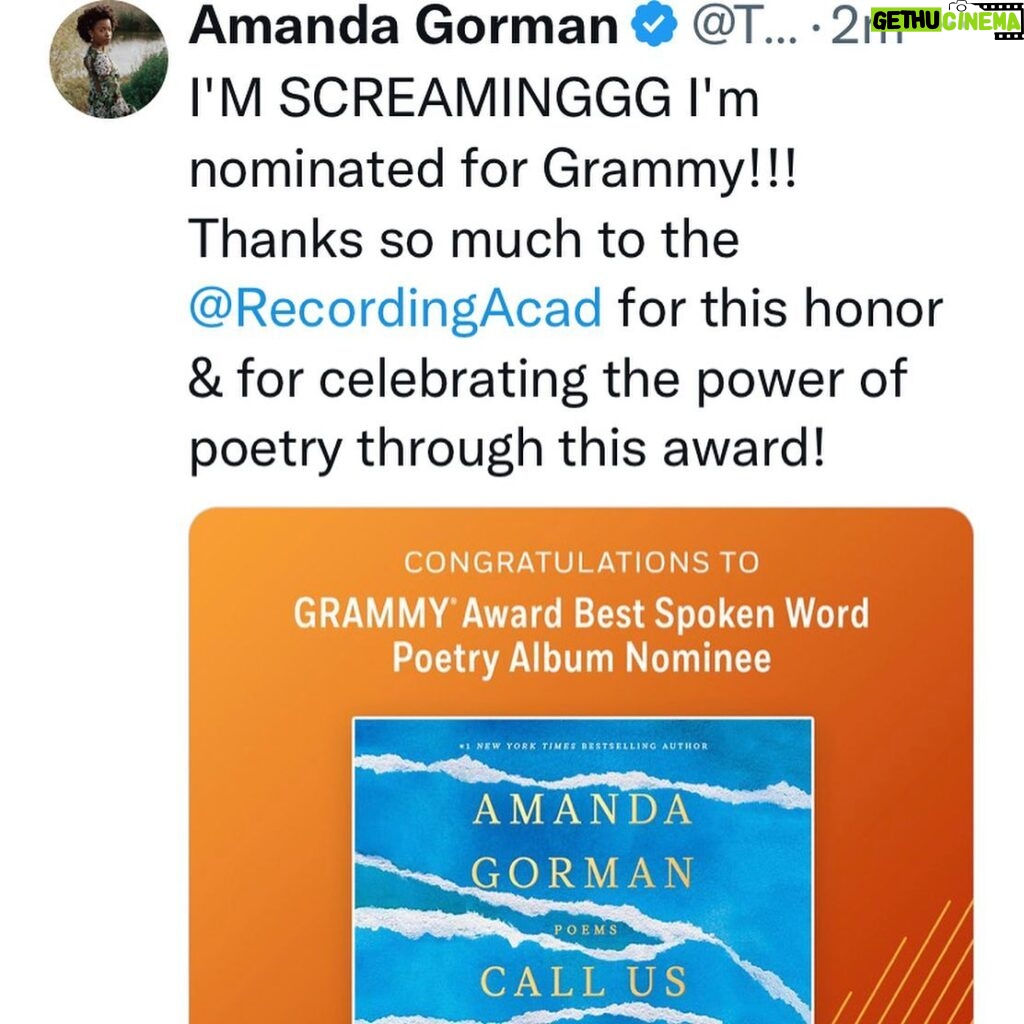 Amanda Gorman Instagram - SCREAMING CAN’T BELIEVE I’ve been nominated for a Grammy! I’m also overjoyed that the @recordingacademy will be celebrating an award for the Best Spoken Word Poetry Album for the first time! It’s such a significant, historical recognition of the power of poetry by the Academy and I’m beyond humbled for my name to be part of it 💛