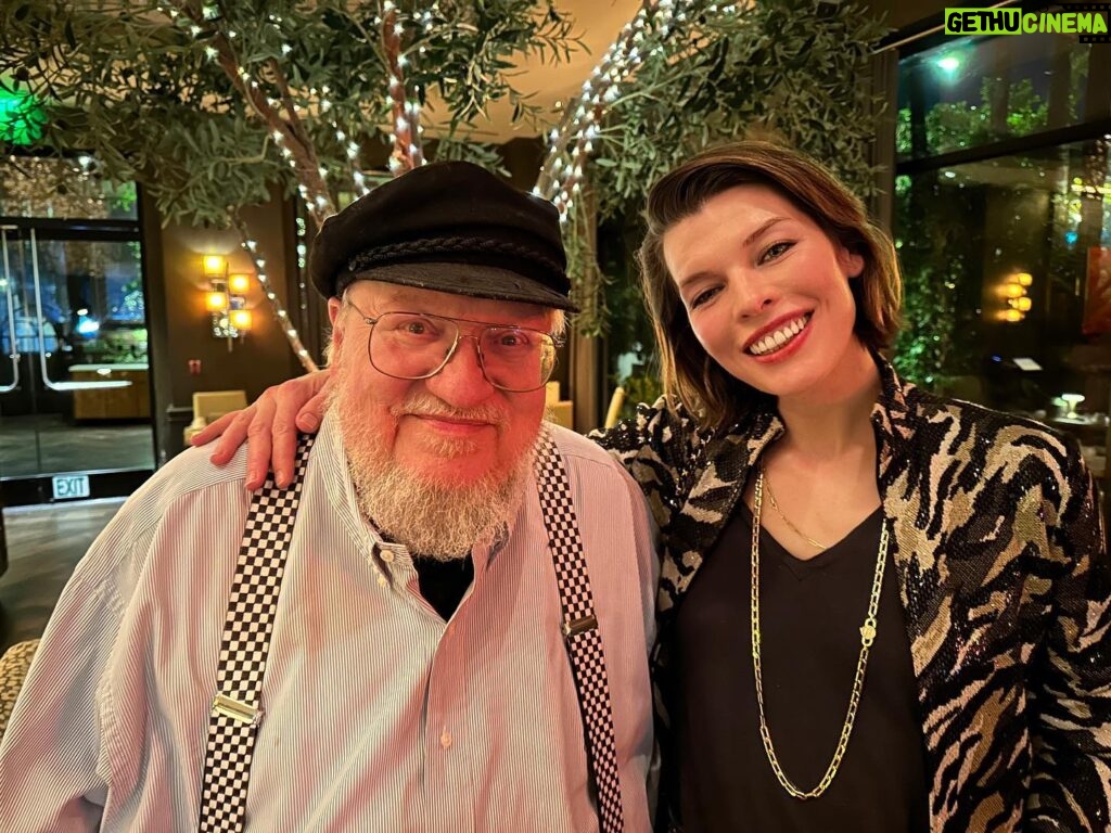 Milla Jovovich Instagram - So amazing to have dinner with @georgerrmartin last night. His stories about how long he worked and struggled with his writing for so many years was so inspiring. He told us that the first GOT book signings had literally 10 people in line😂 and once he actually saw a HUGE line outside one of his signings and thought “Wow! Finally people are reading it!” Only to realize that there was a another book signing at the same location and the crowds were there for Clifford the Big Red Dog to stamp their books with a dog paw on a smelly costume that only the youngest workers were forced to wear because the suit never got washed and poor kids didn’t have a choice😭. George’s story shows that if you love what you do, never stop working on it and persevere, you really can make your dreams come true. Though it takes (in George’s case 10’s of thousands of pages later and a hit show😅). What an unforgettable night and I’m so happy to have met this iconic, unbelievably prolific author and to have finally made his short story IN THE LOST LANDS into a film with the lovely @davebautista. And a special thank you to our wonderful co-writer @constantinwerner who brought me the script 6 years ago and the patience and hard work he put into it, as well as the trust in us that we would make his dream into a reality.❤️ #inthelostlands  #georgerrmartin #paulwsanderson #constantinwerner