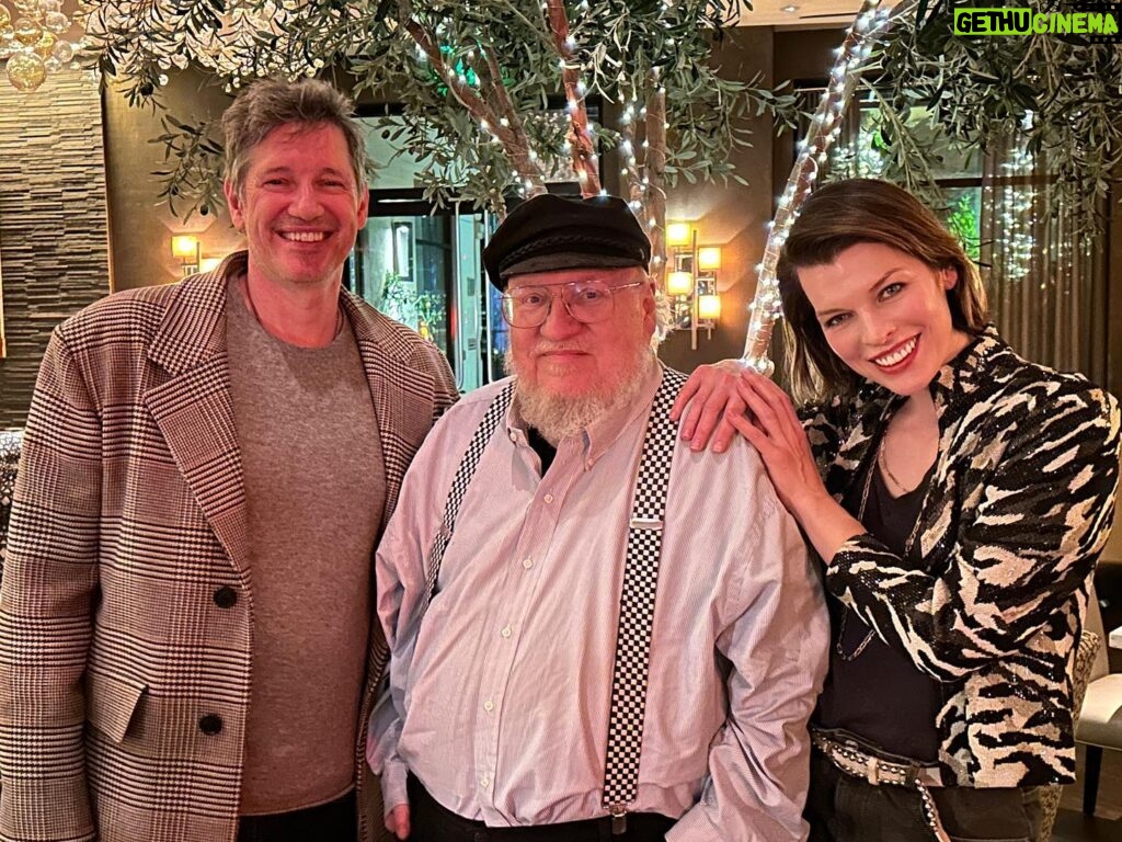 Milla Jovovich Instagram - So amazing to have dinner with @georgerrmartin last night. His stories about how long he worked and struggled with his writing for so many years was so inspiring. He told us that the first GOT book signings had literally 10 people in line😂 and once he actually saw a HUGE line outside one of his signings and thought “Wow! Finally people are reading it!” Only to realize that there was a another book signing at the same location and the crowds were there for Clifford the Big Red Dog to stamp their books with a dog paw on a smelly costume that only the youngest workers were forced to wear because the suit never got washed and poor kids didn’t have a choice😭. George’s story shows that if you love what you do, never stop working on it and persevere, you really can make your dreams come true. Though it takes (in George’s case 10’s of thousands of pages later and a hit show😅). What an unforgettable night and I’m so happy to have met this iconic, unbelievably prolific author and to have finally made his short story IN THE LOST LANDS into a film with the lovely @davebautista. And a special thank you to our wonderful co-writer @constantinwerner who brought me the script 6 years ago and the patience and hard work he put into it, as well as the trust in us that we would make his dream into a reality.❤️ #inthelostlands  #georgerrmartin #paulwsanderson #constantinwerner