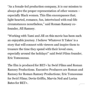 Tami Roman Instagram - Thank you @betplus @erictswirl for being amazing partners on “Whatever It Takes” I can’t wait to tell everyone about our amazing cast & crew! 💛 @jillythunda we did it again #RomanRamseyProductions 
#NickRoses #HolidayFilms
Photo @melbelderjr