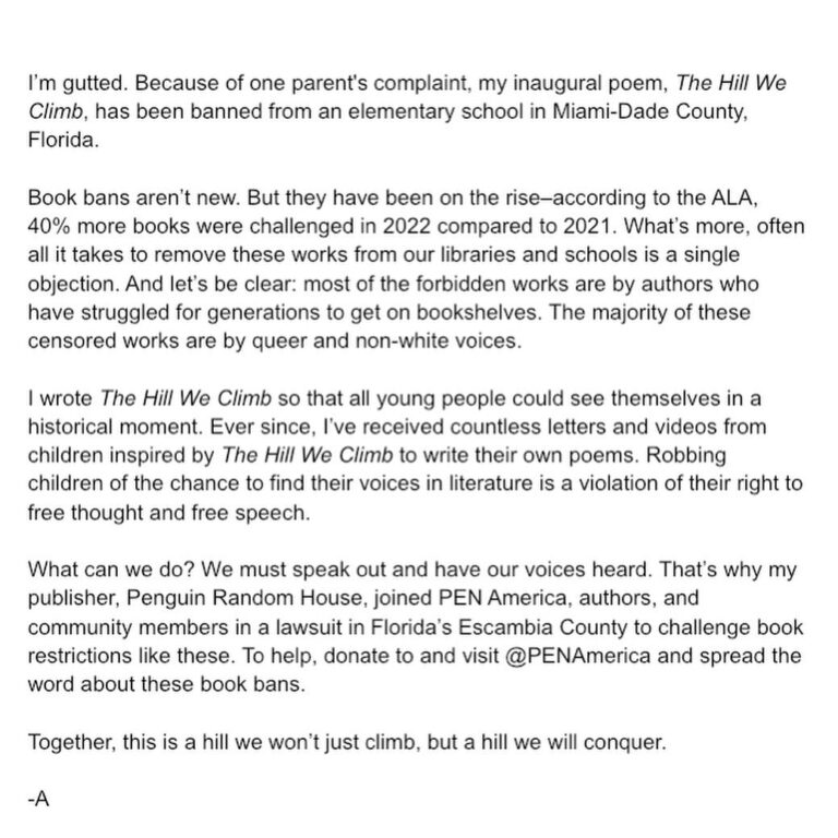 Amanda Gorman Instagram - So they ban my book from young readers, confuse me with @oprah , fail to specify what parts of my poetry they object to, refuse to read any reviews, and offer no alternatives…Unnecessary #bookbans like these at @bgec_mialks @miamischools are on the rise, and we must fight back 👊🏿If you’d like to help, donate to my fundraiser to support @penamerica as they protect literature, spread the word, and follow great grassroots orgs like @flfreedomread 📒📕💥✊🏿
