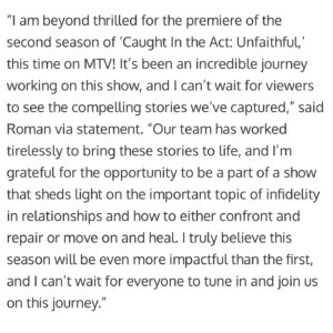 Tami Roman Instagram - @mtvunfaithful JULY 11th 9pm! #CaughtInTheAct #MTVUnfaithful RETURNS for Season 2 to our new home on @mtv