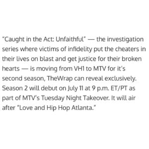 Tami Roman Instagram - @mtvunfaithful JULY 11th 9pm! #CaughtInTheAct #MTVUnfaithful RETURNS for Season 2 to our new home on @mtv