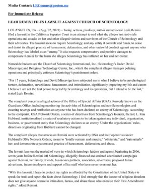 Leah Remini Instagram - I wanted to share some important news.
After 17 years of harassment, intimidation, surveillance, and defamation, I am filing a lawsuit against Scientology and David Miscavige. While advocating for victims of Scientology has significantly impacted my life and career, Scientology’s final objective of silencing me has not been achieved. While this lawsuit is about what Scientology has done to me, I am one of thousands of targets of Scientology over the past seven decades. People who share what they’ve experienced in Scientology, and those who tell their stories and advocate for them, should be free to do so without fearing retaliation from a cult with tax exemption and billions in assets.
The press has a right to report about Scientology without facing a sophisticated intelligence operation from Scientology to destroy their personal lives and their careers. Law enforcement authorities have a right to investigate crimes in Scientology without fear that they will lose their jobs. Children, mothers, fathers, aunts, and uncles have a right to request welfare checks on their family members without fear of an operation activated against them by Scientology for doing so. Those in the entertainment business should have a right to tell jokes and stories without facing an operation from Scientology which uses its resources in Hollywood to destroy their lives and careers. With this lawsuit, I hope to protect the rights afforded to them and me by the Constitution of the United States to speak the truth and report the facts about Scientology without fear of vicious and vindictive retribution, of which most have no way to fight back. For a full copy of the complaint, click the link in my bio.