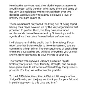Leah Remini Instagram - My statement on the sentencing of Scientologist Danny Masterson to 30 years to life in prison.