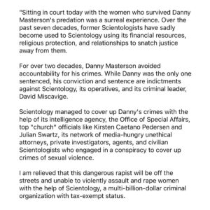 Leah Remini Instagram - My statement on the sentencing of Scientologist Danny Masterson to 30 years to life in prison.