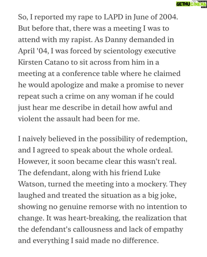 Leah Remini Instagram - Many people are focusing on what celebrities think of Danny Masterson.
We must focus on what the survivors think of him and how he and Scientology impacted their lives. 

That's why I have published the victim impact statements of the three women who Masterson was charged with raping. You can read them via the link in my bio. 

I urge you to read these statements to understand how cruel and criminal Danny Masterson and Scientology were and continue to be.

I have also published the statement the Judge read before she sentenced Masterson.

While you may believe you know a great deal about the case, there’s a lot that was never revealed in court that is detailed in these statements.