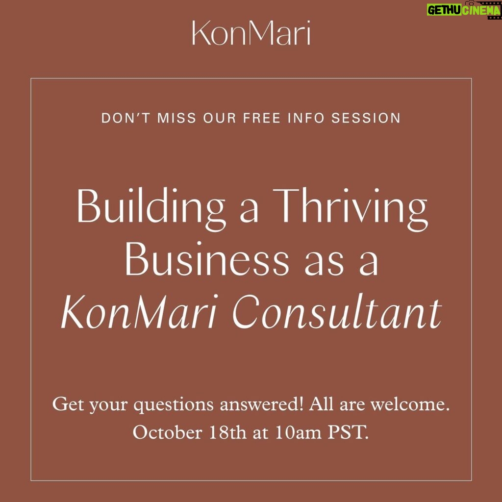 Marie Kondo Instagram - Join us on October 18th for our free 30 mins KonMari Consultant Info Session!✨

Curious but not sure yet how working as a KonMari Consultant looks like? Do not miss this opportunity to hear stories from KonMari Consultants and get your questions answered! There’s a place in this world for your passion.

Date: Wednesday, October 18th
Time: 10am Pacific | 1pm Eastern | 6pm London

Reserve Your Spot Now - Link in bio 

【🔗Register for FREE Info Session】

#mykonmari #mariecondo #konmari #konmarie #konmarimethod #konmariconsultant #tidyingup #tidying #tidyupwithmariekondo #professionalorganizer #organizingismylifestyle