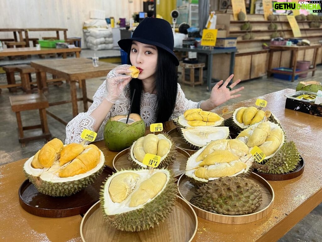 Fan Bingbing Instagram - 哇！Malaysian durian~~ SEDAPNYA 🤤🤤😍😍

This is HEAVEN for all durian lovers! I’ve tried D101, D24 XO, Tekka, D197 Musang King, D200 Black Thorn... 哇！！

They also taught me to drink from the durian carpel to avoid body heat, so interesting! 😍