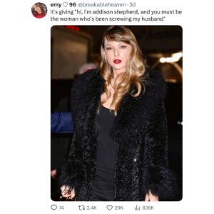 Kate Walsh Instagram - Found a pic of my original inspo for Addison… 😏🔥👑 Great minds, TayTay, great minds… ✨🤩 Counting down the days till I see the #ErasTour this Feb in Sydney 🇦🇺💖 

#Swifty #TaylorSwift #GreysAnatomy #AddisonMontgomery
