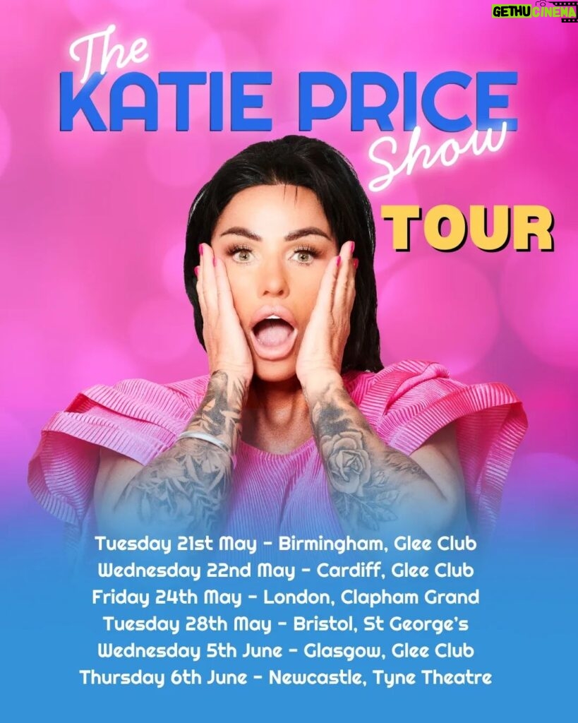 Katie Price Instagram - ⭐️WE'RE GOING ON TOUR⭐️

We had the best night ever in Manchester last year, so we're taking the show on the road.

And tickets go on sale on Thursday!
 
We're going to:

📍BIRMINGHAM
📍CARDIFF
📍LONDON
📍BRISTOL
📍GLASGOW
📍NEWCASTLE

Presale starts on Thursday, all you need is the code, LOVEIT

Tickets go on general sale this Friday.

👑 Members of The Katie Price Show VIP get a special discount