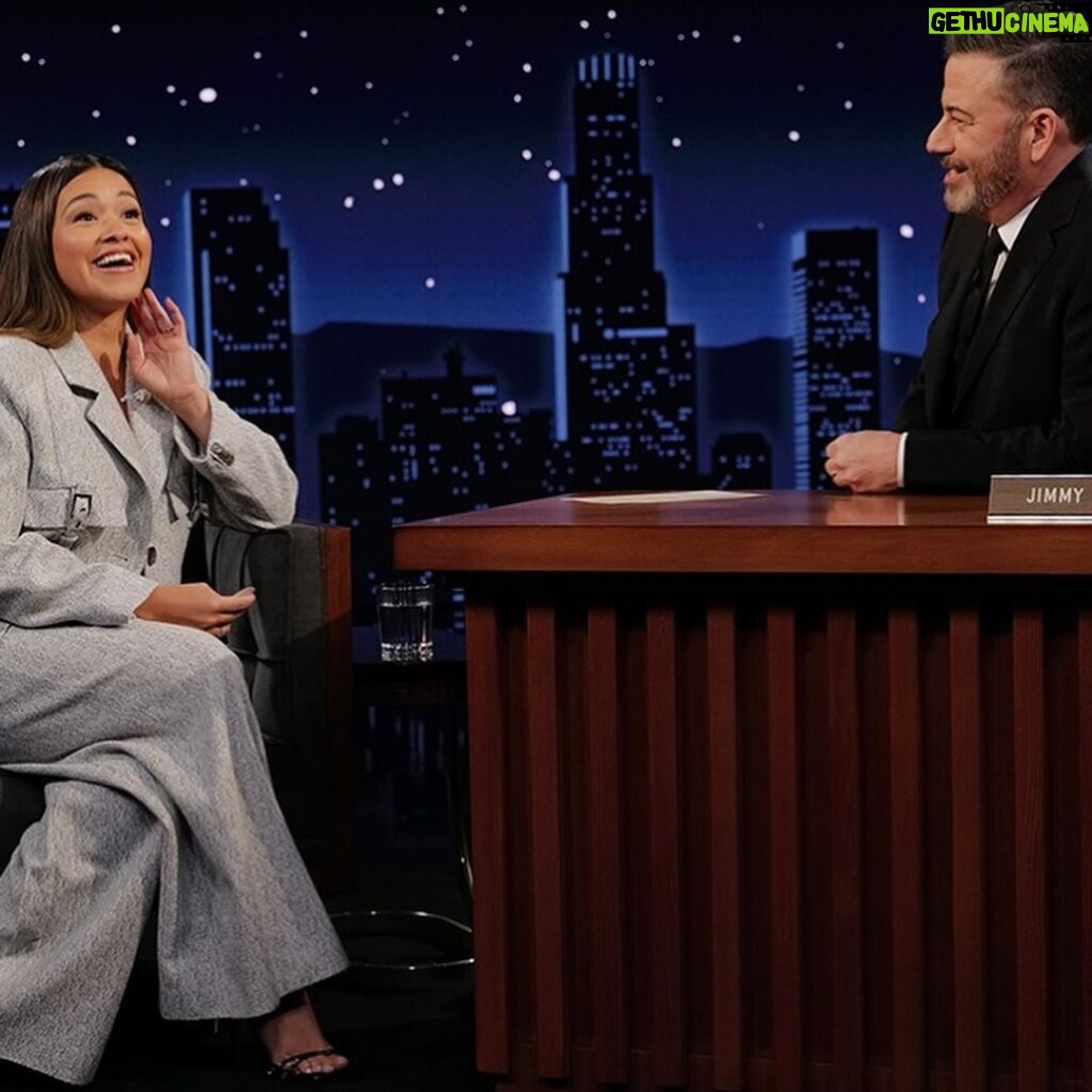 Gina Rodriguez Instagram - Catch me TONIGHT on @jimmykimmellive ‼️ loved seeing you again Kimmel 🤗, hope you enjoy the Charlie swag 😉🚒 NOT DEAD YET premieres tomorrow 👻 on @abcnetwork / next day @hulu. And PLAYERS next week on @netflix ⚾️💛. #ABC #Kimmel