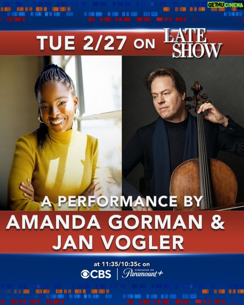Amanda Gorman Instagram - 📣 We can finally share the secret we’ve been keeping… @amandascgorman & @janvoglercello will be the MUSICAL GUESTS on the @colbertlateshow on FEB. 27!! 🥳🎉

TUNE IN:
🗓️ TUES. FEB 27
📺 @cbstv or @paramountplus 
⏰ 11:35 PM ET / 10:35 PM CT

for a very special peek into Amanda Gorman and Jan Vogler’s performance of “An Evening of Poetry and Bach” that they presented at @carnegiehall on Feb 17. 

We had so much fun filming with the #Colbert team! 🤩🥰

📸 When you watch, snap a photo of the screen and tag @dornmusic @amandascgorman @janvoglercello! We’ll repost our favorites!

@stephenathome #bachandpoetry #amandagorman #janvogler #dornmusic #dornmusicpresents