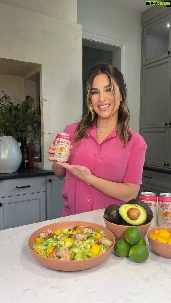 Jessie James Decker Instagram - In celebration of @waterloosparkling Tropical Fruit coming back for good @jessiejamesdecker created a Tropical Shrimp Mango Salad 🏝️The dressing features Waterloo Tropical Fruit and is SO delicious — trust! Recipe below or head to @waterloosparkling link in bio.
 
Prep time: 15 min
Cook Time: 5 min
Serves 4
 
For the Dressing:
4-5 tablespoons Waterloo Tropical Fruit Sparkling Water
4 tbsp Honey
4 tbsp Lime juice
2 tbsp fresh grated Ginger
4 tbsp white miso
4 tbsp Avocado oil
 
For the Salad:
1 lb raw shrimp, peeled and deveined
1 tablespoon olive oil
¼ teaspoon sea salt
⅛ teaspoon ground black pepper
2 medium avocados, diced
4 cups (½ head) green cabbage, shredded
2 tablespoons chopped fresh cilantro or parsley
1 large mango, chopped
¼ cup Chopped peanuts
 
Directions:
 
1. Add all of the dressing ingredients to a mason jar and shake until smooth. Taste and adjust to your liking, adding a little Waterloo to thin, if needed.
2. Sprinkle the shrimp with salt and pepper. Add the olive oil to a skillet over medium heat and cook to shrimp just until pink, about 2 to 3 minutes on each side. Remove from the heat while you make the dressing.
3. In a large bowl combine the shredded cabbage, mango, avocado, cooked shrimp, and cilantro or parsley. Drizzle with the dressing and toss to coat. Top with chopped peanuts to serve.