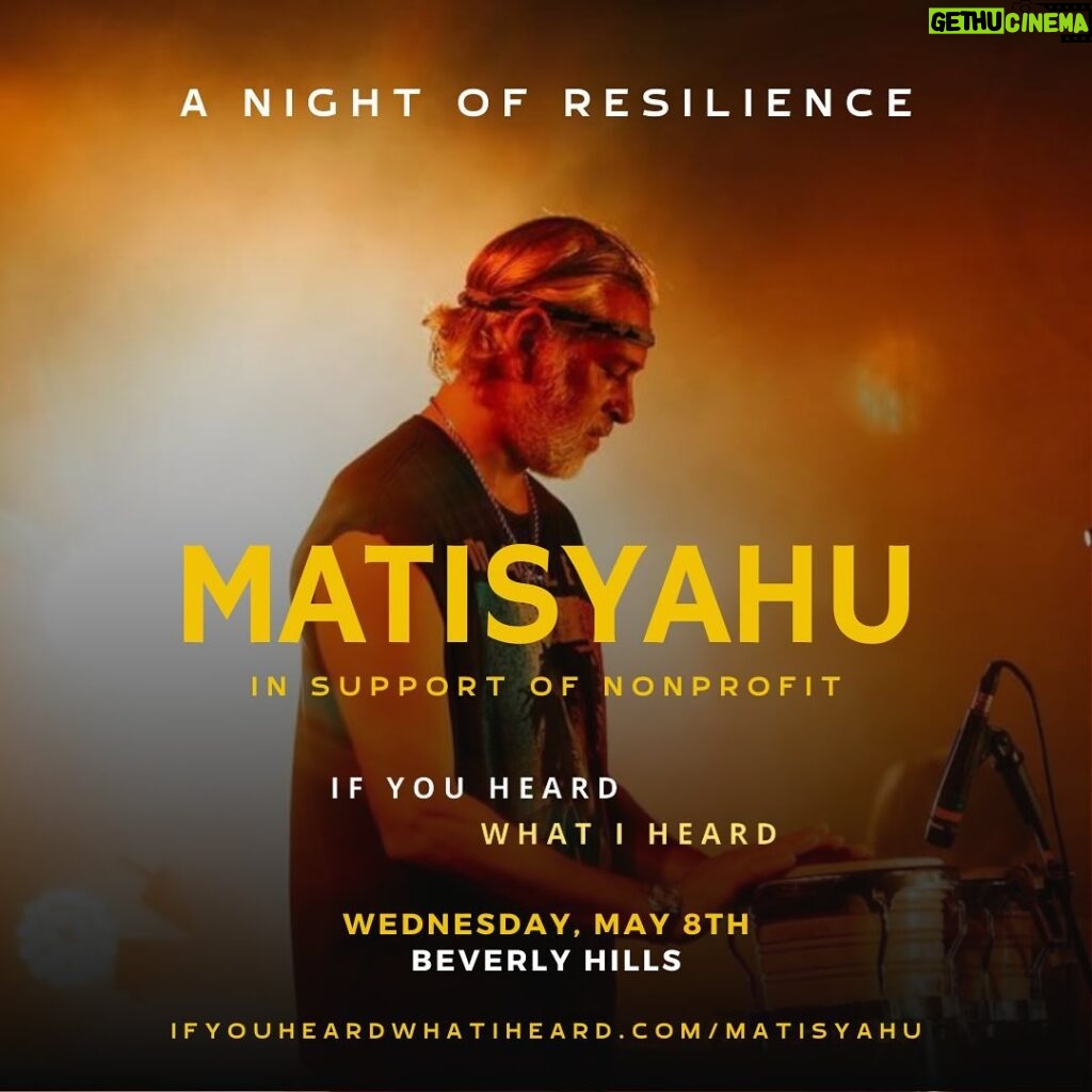 Mayim Bialik Instagram - Matisyahu is coming to LA! Join me on May 8th in Beverly Hills for a Night of Resilience, an acoustic evening with @matisyahu in support of the beautiful nonprofit @ifyouheardwhatiheard which preserves the stories of the Holocaust as recounted by the grandchildren of survivors so that ‘Never Again’ can become part of our everyday consciousness. Join us! Link in bio.