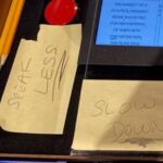 Aaron Rodgers Instagram - This is the @jeopardy podium, and my sticky notes from the 2nd day of filming. I used a lot of these stickies over the couple days of filming and put reminders on there like “Speak Less”, which was an ode to Paul Rudd on Forgetting Sarah Marshall, during surf lessons; “do less”. “Slow Down”, a reminder for me when reading the clues 💯. “Stand Up Straight”; every time I’m reading clues I’m bent over, so that was a reminder to stand up in certain moments when I knew I was on camera. “Relax” and “Energy” were just a couple other good reminders as well. And the last one, was just to check if anyone was looking at my podium between games. Turns out, John the stage manager was, and we had a good laugh about it 😂😂😂 #lovethisshowsomuch #somuchgratitude #last3days #