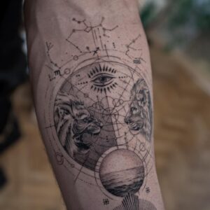 Aaron Rodgers Instagram - First tattoo. From the 🐐 himself @balazsbercsenyi 
Grateful for his mastery and friendship 💪🏼❤️ 🇭🇺 

There’s a deep and meaningful story and connection to absolutely each element of this art piece, and I’ll share a little more about that one day. For now, just thankful for @balazsbercsenyi and his patience and artistry. #tattoo #astrology #theelements #
