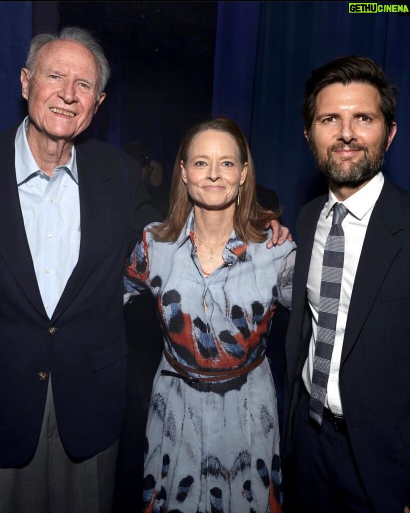 Adam Scott Instagram - Was honored to be included at the @MPTF celebration 100 Years of Hollywood—the MPTF is an essential organization, providing a wide variety of programs and services to take good care of those in our industry who are in need. Jodie Foster & I are pictured with Harry Northup, a wonderful actor who has been helped tremendously by the @MPTF when hit by hard times. If you’d like to lend your support, check out their insta page for more info