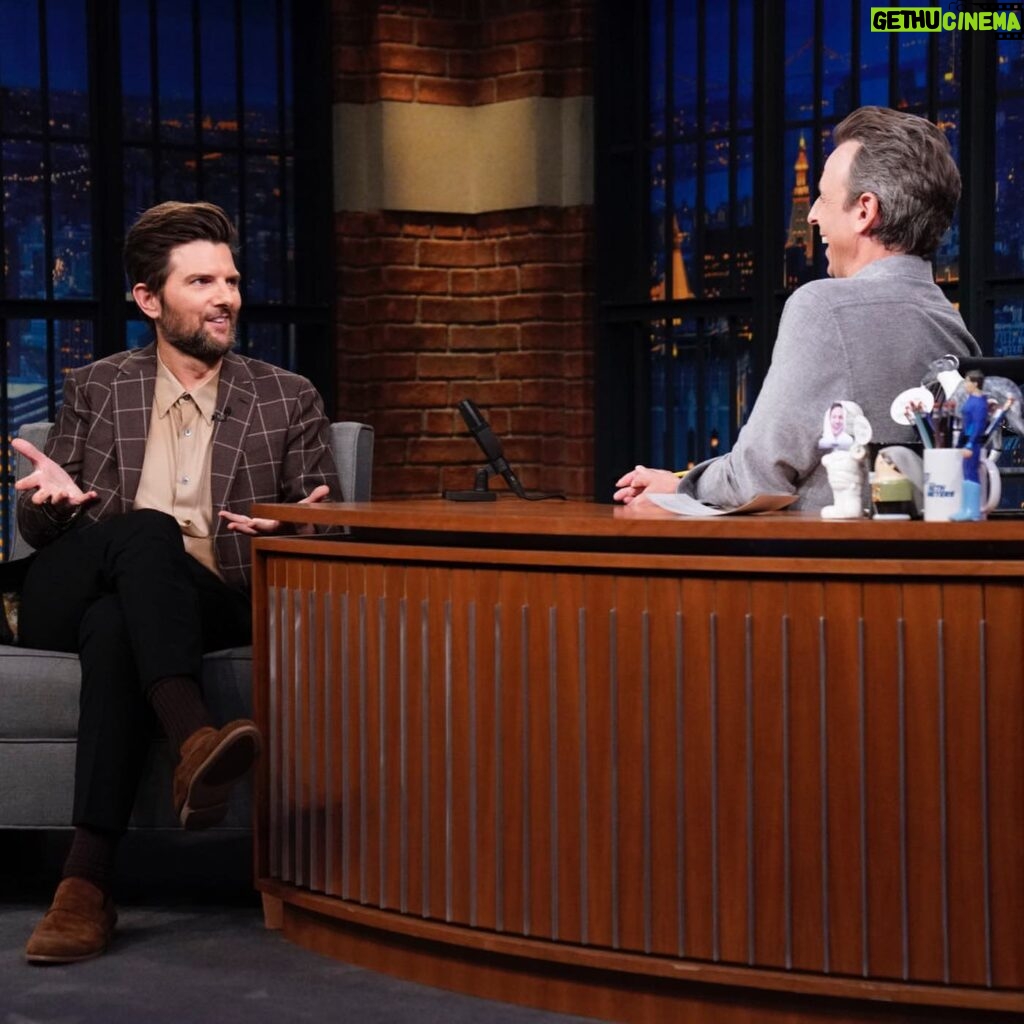 Adam Scott Instagram - On @latenightseth tonight crossing my legs and talking Father’s Day, Severance, and not texting teens with @SethMeyers, who really is the best. 👍