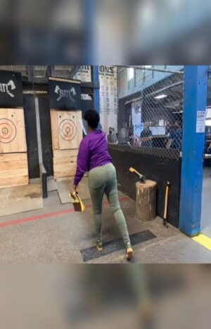 Adrienne C. Moore Instagram - #BTS. Stress reliever for sure. If you're watching tonight's episode of @prettyhardcases, Kelly Duff can't axe throw for nothing, but Adrienne C. Moore can. Lol. 
@cbcgem