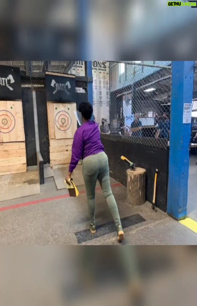 Adrienne C. Moore Instagram - #BTS. Stress reliever for sure. If you're watching tonight's episode of @prettyhardcases, Kelly Duff can't axe throw for nothing, but Adrienne C. Moore can. Lol. @cbcgem