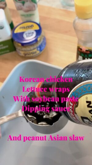 Alexandra Breckenridge Instagram - Sunnys, Korean chicken lettuce wraps
2-4lb boneless skinless chicken thigh
1/2cup soy sauce 
1/2cup sugar
1/2cupwater
1/4cup sesame oil
1/4 cup mirin
4tbs minced garlic from jar with juice
1tbs sesame seeds/roasted or not
2tsp black pepper 
marinade the chicken in this overnight 

I use red lettuce leaves as wraps 
Cook white rice I steamed mine with ginger and garlic 

Bean paste dipping sauce!!
2 tablespoons soy bean paste 
1 tablespoon. Red pepper paste. 
1 tablespoon sesame oil 
2 tablespoons minced garlic 
1 tablespoon honey 
1 teaspoon sesame seeds 
To see spoons, crushed pistachios for crunch
