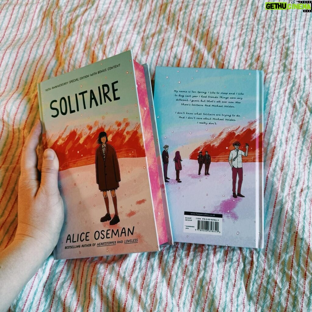 Alice Oseman Instagram - The 10th anniversary edition of SOLITAIRE came out on January 5th! (The actual tenth anniversary will be in July, but we can let that slide, right?) Many books don’t last this long - they go out of print and are lost to time, so I feel extremely fortunate that this one gets to live on. Without SOLITAIRE, my life would have been very different, and I often think with fondness and envy of the frenzied, determined passion with which my seventeen-year-old self wrote it. I’ll treasure this story forever. ❄️🔥