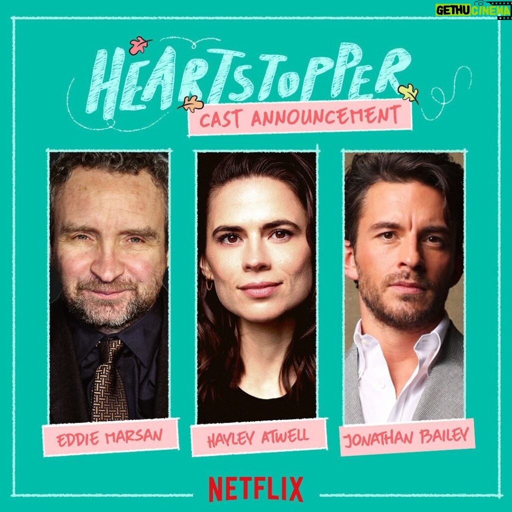 Alice Oseman Instagram - It’s not just Jonathan Bailey joining Heartstopper season three; we’re also welcoming Hayley Atwell as Nick’s Aunt Diane and Eddie Marsan as Charlie’s therapist Geoff.