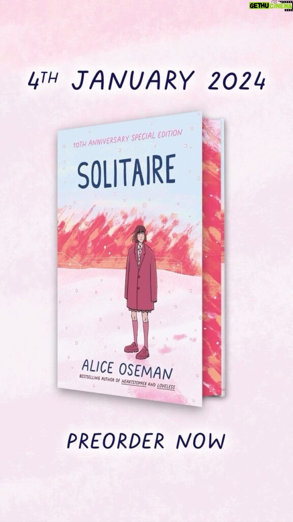 Alice Oseman Instagram - I can’t quite believe it but 2024 marks 10 years since my first book, Solitaire, was published! To celebrate, we’re releasing this special collector’s edition in hardback with absolutely stunning sprayed edges! Out in January in the UK and available to preorder now ❄️🔥