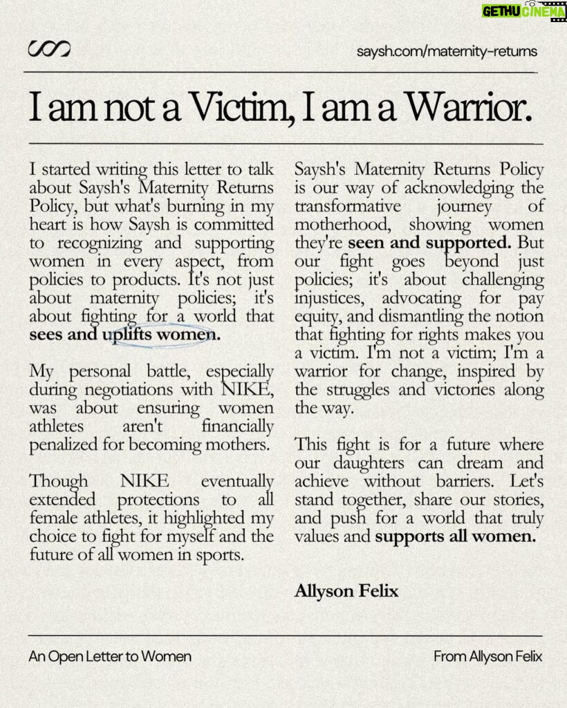 Allyson Felix Instagram - How the Saysh Maternity Returns Policy was born. I am not a victim, I am a warrior.
