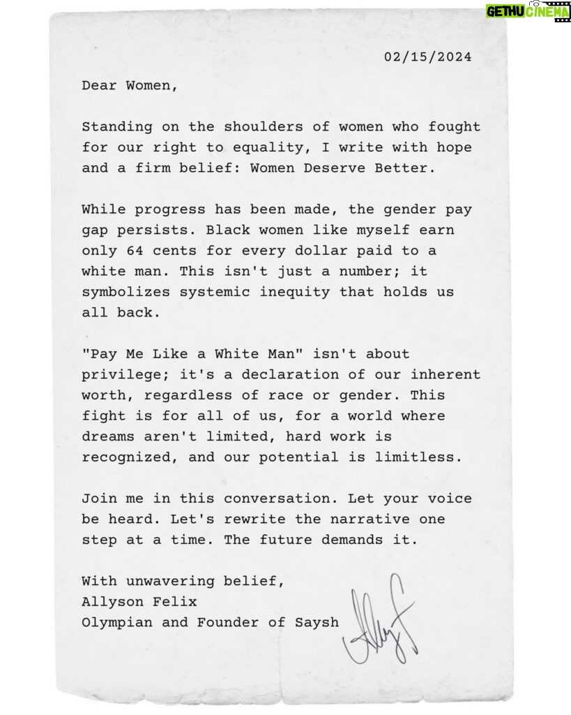 Allyson Felix Instagram - A letter to all women from me📝 #PayMeLikeaWhiteMan