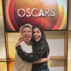 America Ferrera Instagram - From meeting at a High School summer acting program to being in Barbie and now at the Oscars together, I always feel so lucky to be in the presence of the legend Kate McKinnon! It’s so special to have longtime friends on the journey with you! We’re at the Oscars baby! 
@theacademy @barbiethemovie @nhsicherubs @nhsi.theatrearts #cherubs #OscarsRehearsal