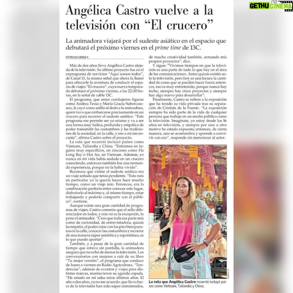 Angélica Castro Instagram - Buenas noches!! Acá les dejo una entrevista que salió hoy en el mercurio sobre el programa que tanto les he contado viajando por el sudeste asiático que salimos al aire este viernes a las 22 hrs en 13 c y a partir del próximo domingo a las 8 por canal 13! Se agradece cuando sale un titular relacionado con un proyecto laboral tan hermoso como este! Tremendo equipo !! ❤️ #Gracias @interexpresscruceros #interexpresscruceros #CrystalatSea #ExceptionalExperiences #crucerosdelujo #LuxuryTravel @canal_13c