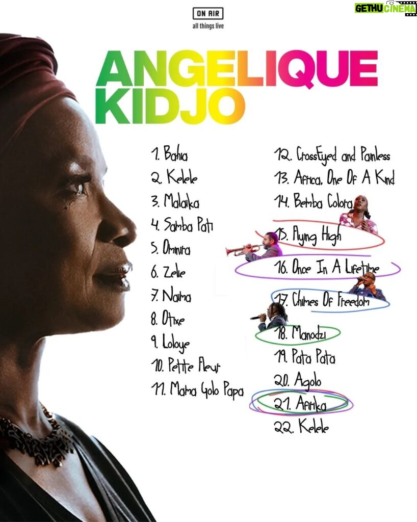 Angélique Kidjo Instagram - The full setlist for the @angeliquekidjo 40th Anniversary live concert stream! 💃🏿 Featuring performances from: @stonebwoy, @lauramvula, @youssoundour1959 and @ibrahimmaaloufofficial Who's bringing the snacks?! 🎊 #OnAir #AngeliqueKidjo