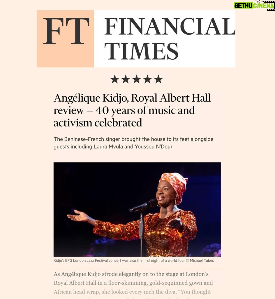 Angélique Kidjo Instagram - ⭐️⭐️⭐️⭐️⭐️ FIVE STAR REVIEW in the @financialtimes for the @royalalberthall concert! 🥰 «…by the time it came to her closing encore reprise of « Kelele », all five tiers of the hall were on their feet, hips swinging, arms in the air in an unequivocally joyous celebration, not just of Kidjo’s career, but of shared humanity. » Eddi Fiegel 📸 @michaeltubescreations