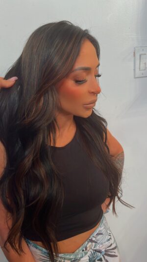 Angelina Pivarnick Instagram - Chocolate kisses 🤎🖤 one of my favorite color & extension looks on my babes @angelinamtv we had fun doing this last night … full color and some new hair extensions in 24” but slightly trimmed 💫  Do you love this look on Ang ?  Comment/question below 👇🏻 #hairgoals #hair #reels #reelsofinstagram #haircolor #hairextensions #hairinspo #love #bestie #hairlove #danadhairstudio