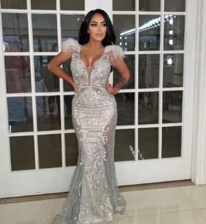 Angelina Pivarnick Instagram - I love wearing white dresses  ps it is white it looks silver here. It has a lot of silver sparkles. 🤍🤍🤍🤍🤍🤍🤍