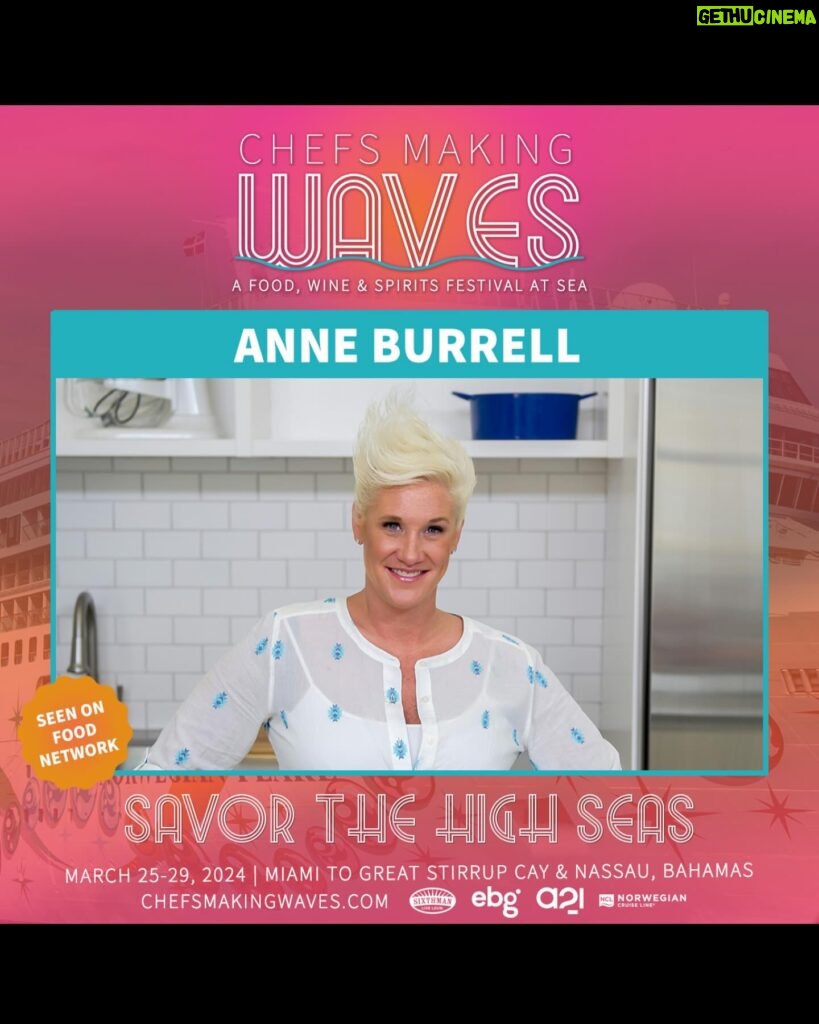 Anne Burrell Instagram - I’m SOOOOOOOO excited for “Chefsmakingwaves“ is less than 50 days away, and I am so excited for this vacation of a lifetime, sailing March 25-29, 2024 from Miami to Great Stirrup Cay and Nassau, Bahamas! The schedule for the cruise is HERE and a handful of cabins were just recently released, so come join me for four nights of good eats on the open ocean aboard Norwegian Pearl! Secure your cabin now at http://chefsmakingwaves.com/