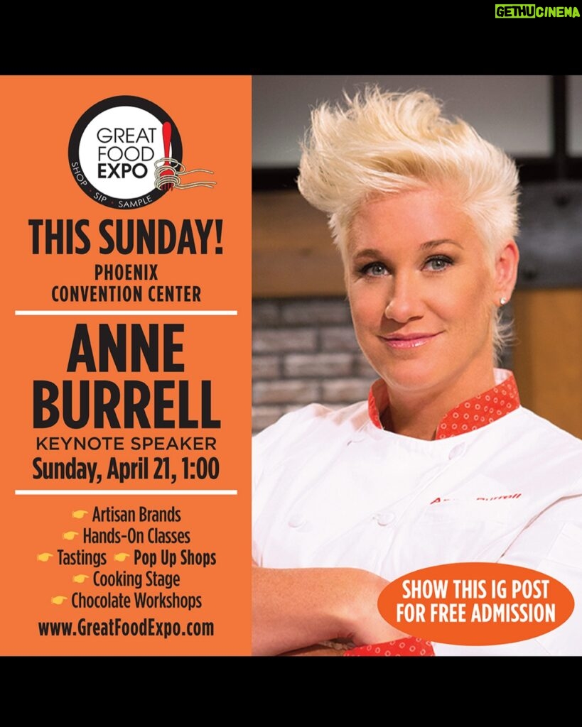 Anne Burrell Instagram - Hey hey if you are in the Phoenix area tomorrow come see me!!! @greatfoodexpo #ilovewhatido #luckygirl