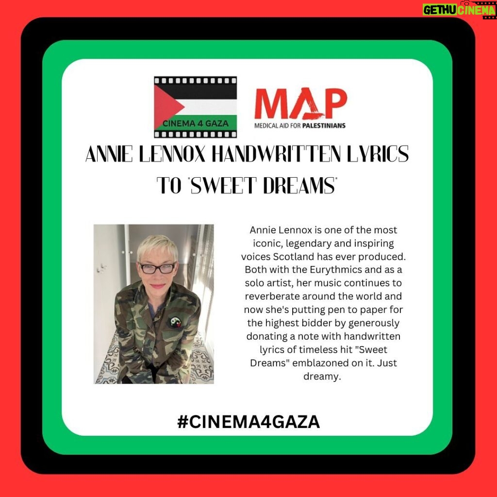 Annie Lennox Instagram - Dear Friends, @Cinema4Gaza are raising money for vital Medical Aid For Palestinians ( @MedicalAidPal ) I’ve donated hand written lyrics for “Sweet Dreams (Are Made Of This )” You can place your bid from now, until April 12th. All money raised will go directly to support @MedicalAidPal. I realise that not everyone is in a position to bid on such things, but if you’re interested - check out the link in my bio! Many people from the entertainment industry have donated all kinds of wonderful items! Love Annie ❤️☮️ #cinema4gaza #ceasefirenow